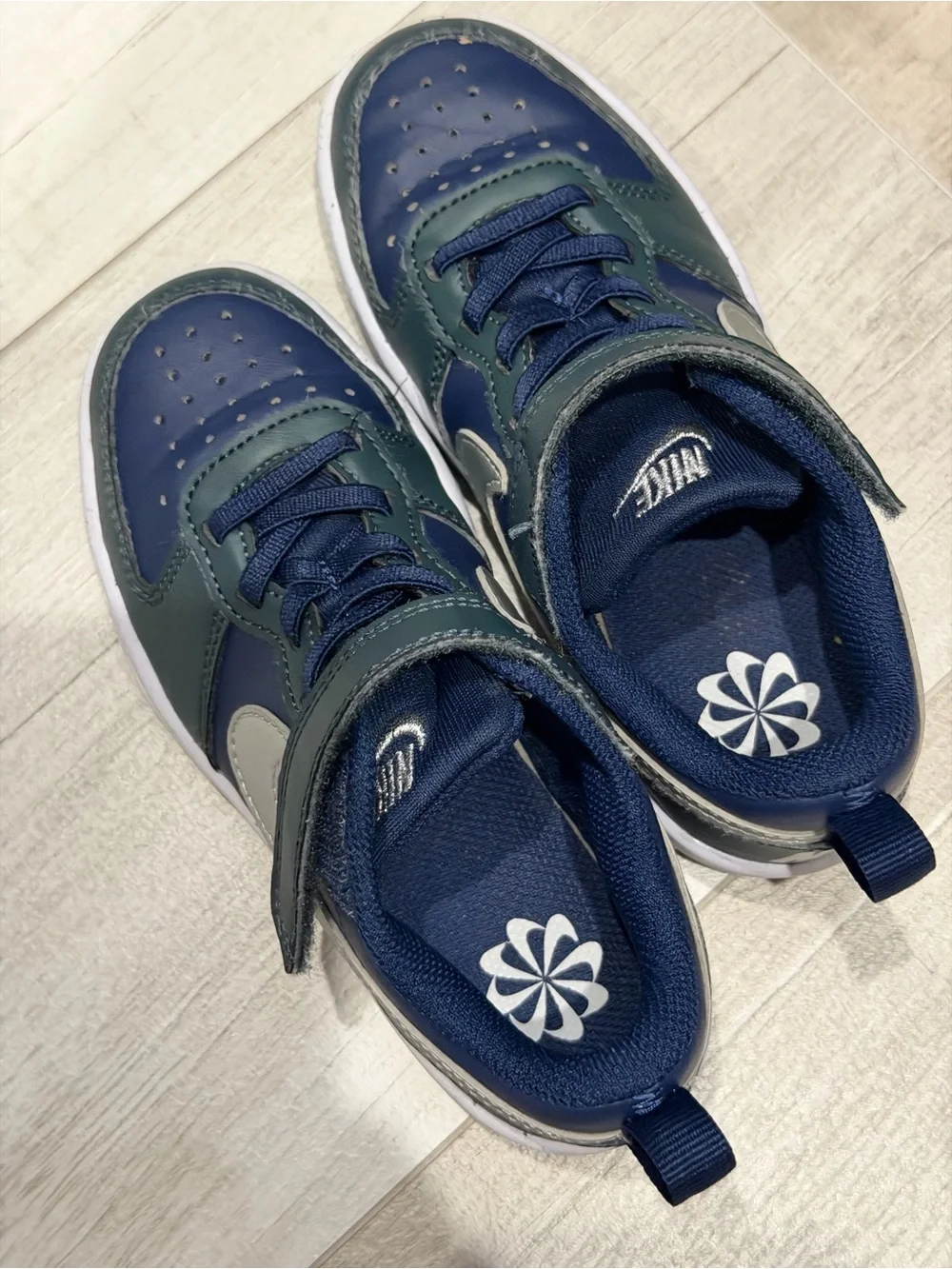 Nike Kids Court Borough Low Recraft Sneakers in Dark Green, Navy & Silver 11.5